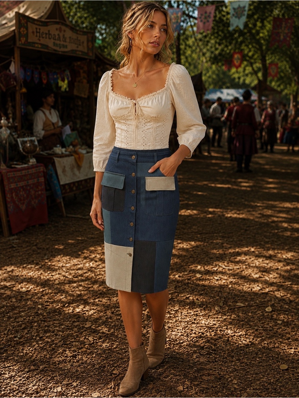 Boho Patchwork Button-Front Denim Midi Skirt in Blue and Tan Small - Picture 7 of 7